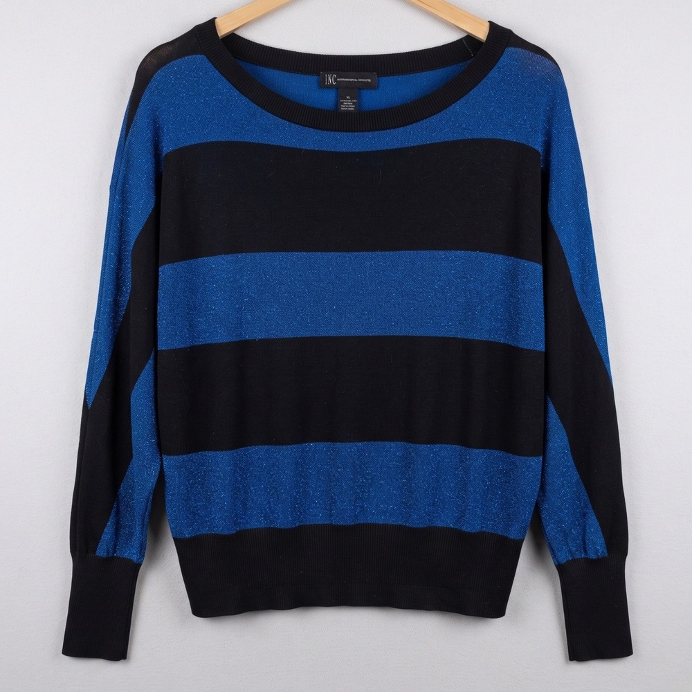INC Sweater Women PL Blue Black Excellent Metallic Striped Dolman Sleeve